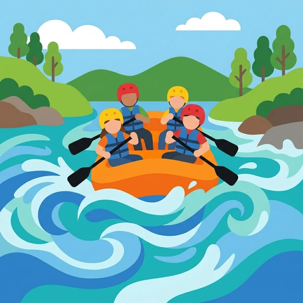 Orange raft with four paddlers in safety gear navigating white water rapids surrounded by green hills and trees
