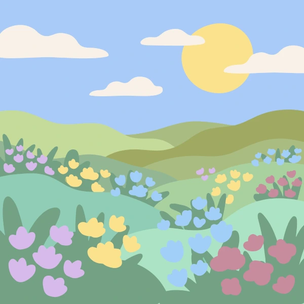 Colorful wildflower meadow with pink, yellow, and blue flowers on green hills under a sunny sky with clouds