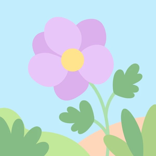 Single large soft lavender five-petaled windflower with a pale yellow center above ferny dark green leaves with a light blue sky background