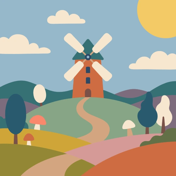 Brick windmill on a green hill with mushrooms growing nearby and rolling hills in background