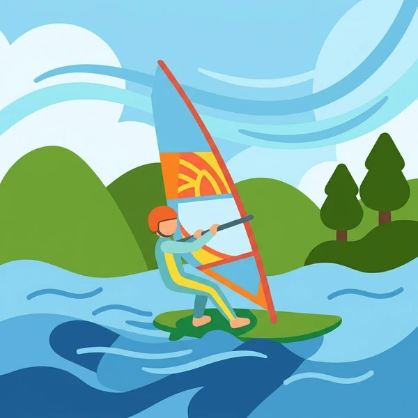 Windsurfer on blue water with an orange and yellow sail billowing in a bay surrounded by green hills and trees
