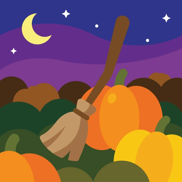 Witch broomstick leaning against large pumpkins at night with purple navy sky full moon stars and dark green foliage