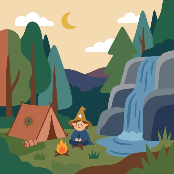 Wizard Campsite by Waterfall free printable jigsaw puzzle & coloring page