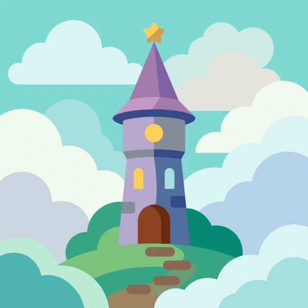 Purple wizard tower rising above the clouds with a glowing star on top of the spire