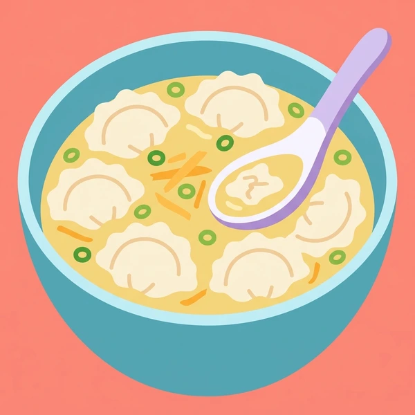 Wontons In Broth scene showing wonton dumplings, thin wrapper, filling, golden broth, green onion, and wonton soup bowl in a food coloring puzzle