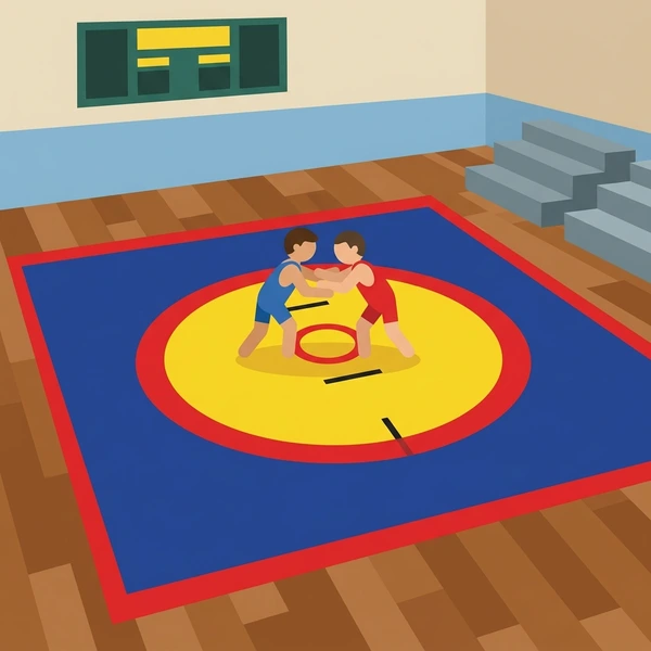 Two wrestlers grappling on a circular yellow and red mat in an indoor sports hall with blue walls and spectator stairs