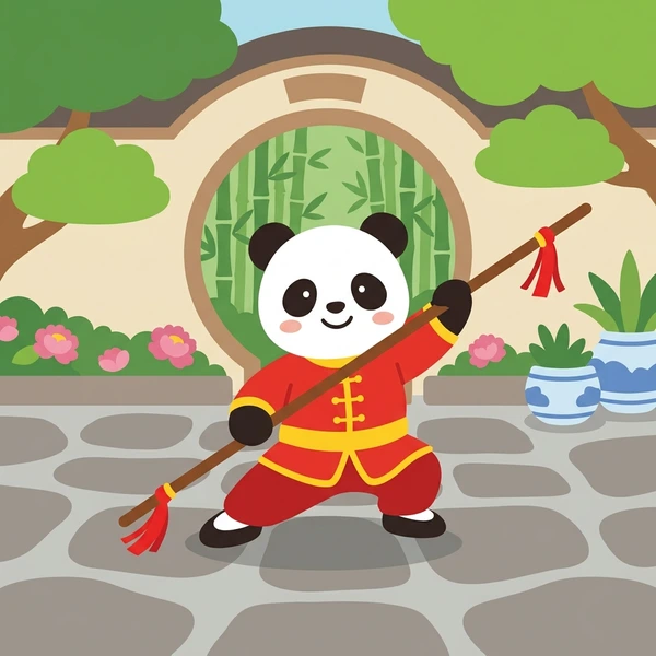 Wushu martial artist in red and yellow costume performing with a brown wooden staff in a Chinese garden courtyard with bamboo