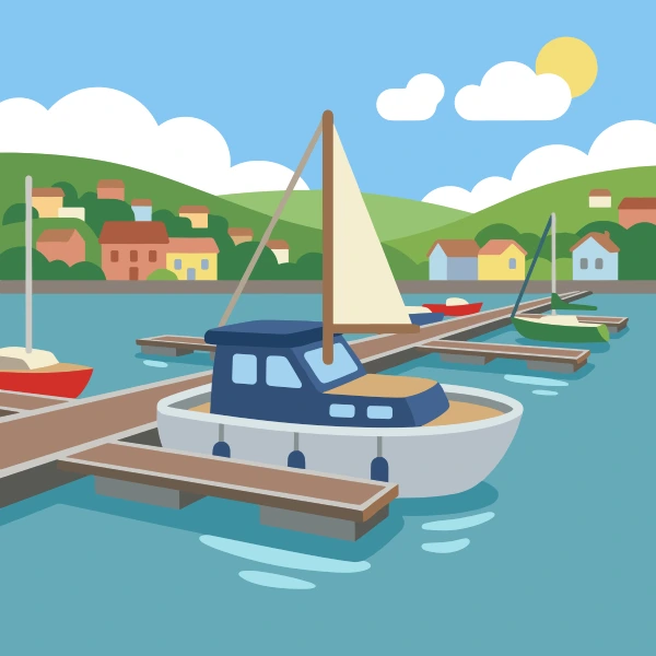 Mint green, tan, and navy blue yacht on blue harbor water with docks, boats, cranes, or shoreline buildings.