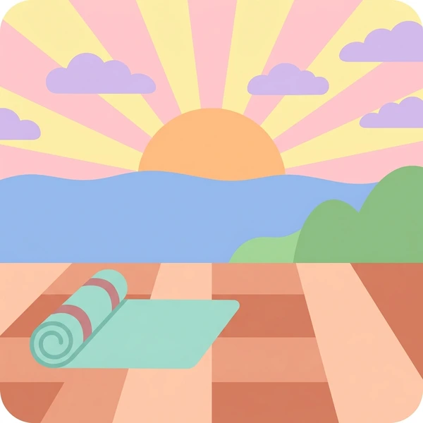 Rolled turquoise yoga mat on a wooden deck overlooking a brilliant orange pink and yellow sunrise
