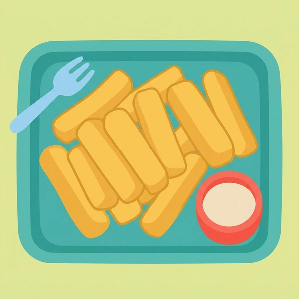 Yuca Fries On Tray scene showing yuca fries, fried exterior, ivory starchy interior, herb or salt seasoning, and serving tray in a food coloring puzzle