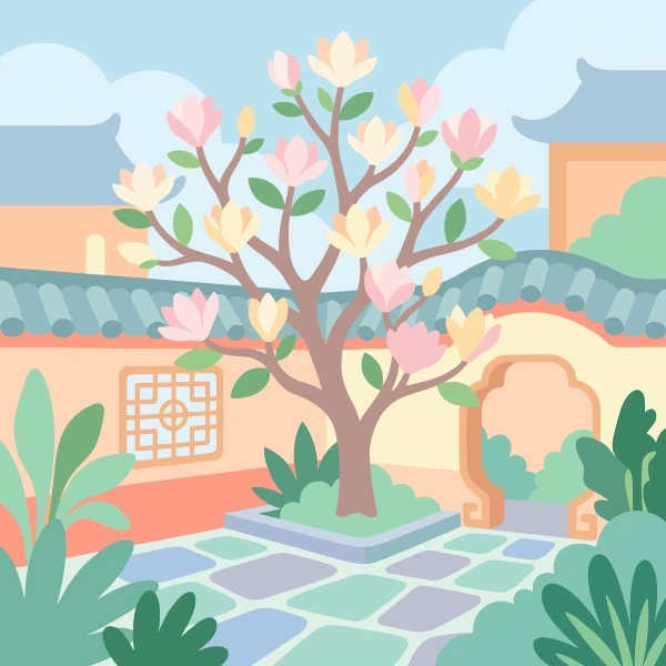 Pink and cream yulan magnolia tree in full bloom in a traditional Chinese courtyard with orange-tiled rooftops, a lattice window, and a stone-paved path