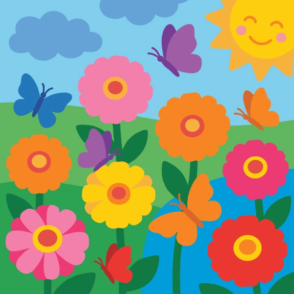 Bright pink, orange, yellow, and red zinnia flowers with butterflies in blue, purple, and orange flying around them under a smiling cartoon sun and blue sky