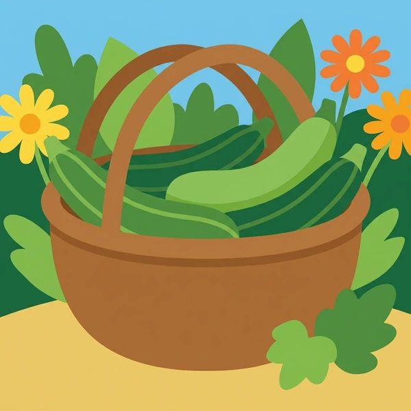 Zucchini In Summer Basket scene showing zucchini squash, vivid green exterior, striped skin, stem end, and summer garden basket in a food coloring puzzle