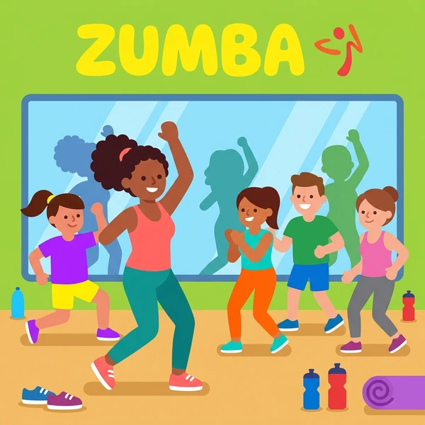 Zumba instructor in coral top leading a colorful class of children and adults in a bright mirrored fitness studio with lime green walls
